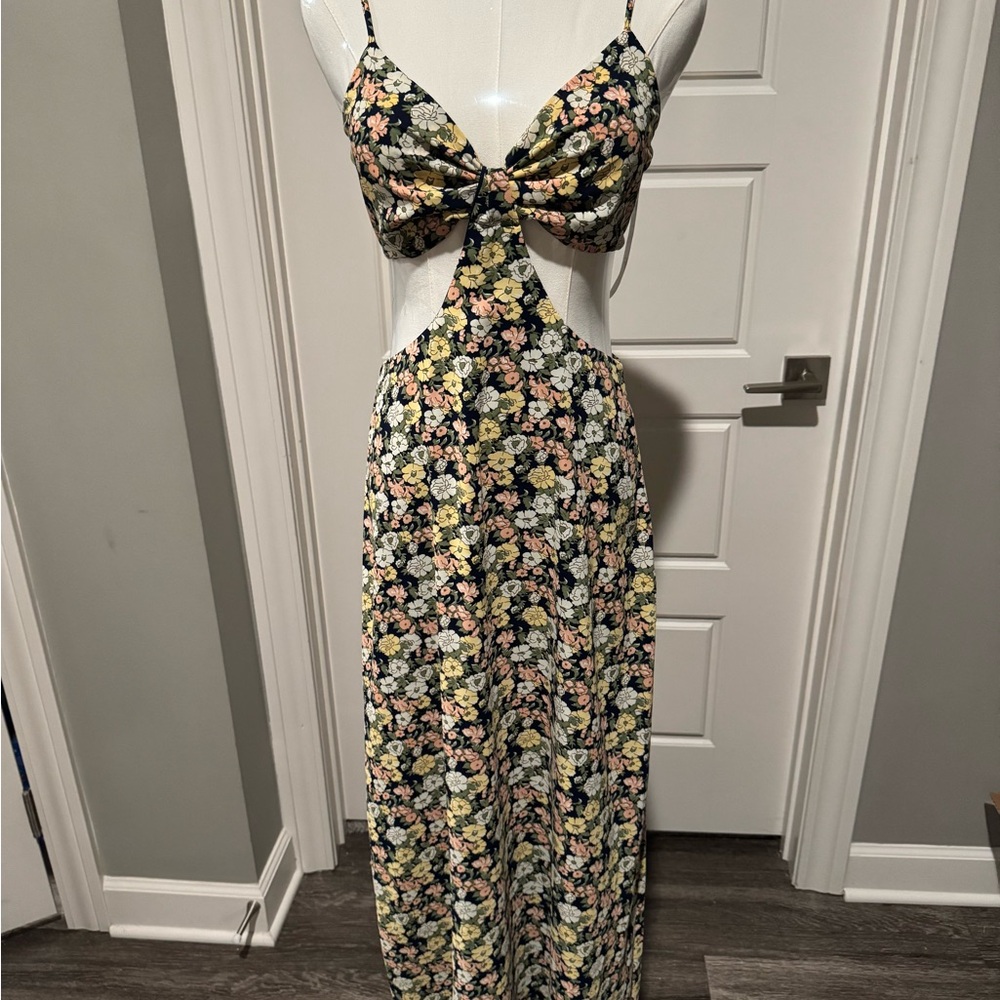 Lulu's Navy Floral Maxi Dress with light blue, yellow & pink flowers